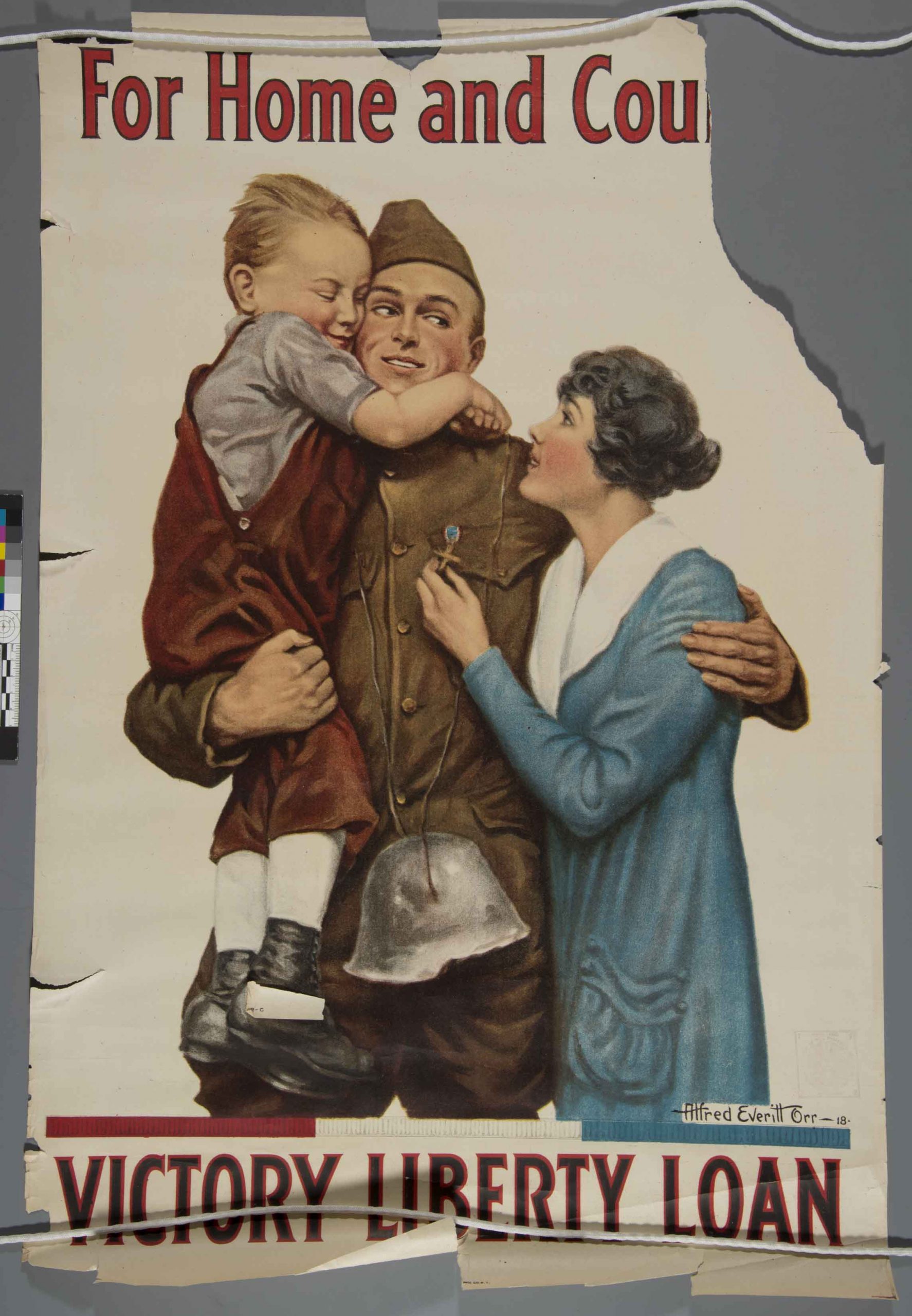 illustration of soldier with family, poster has many tears and losses