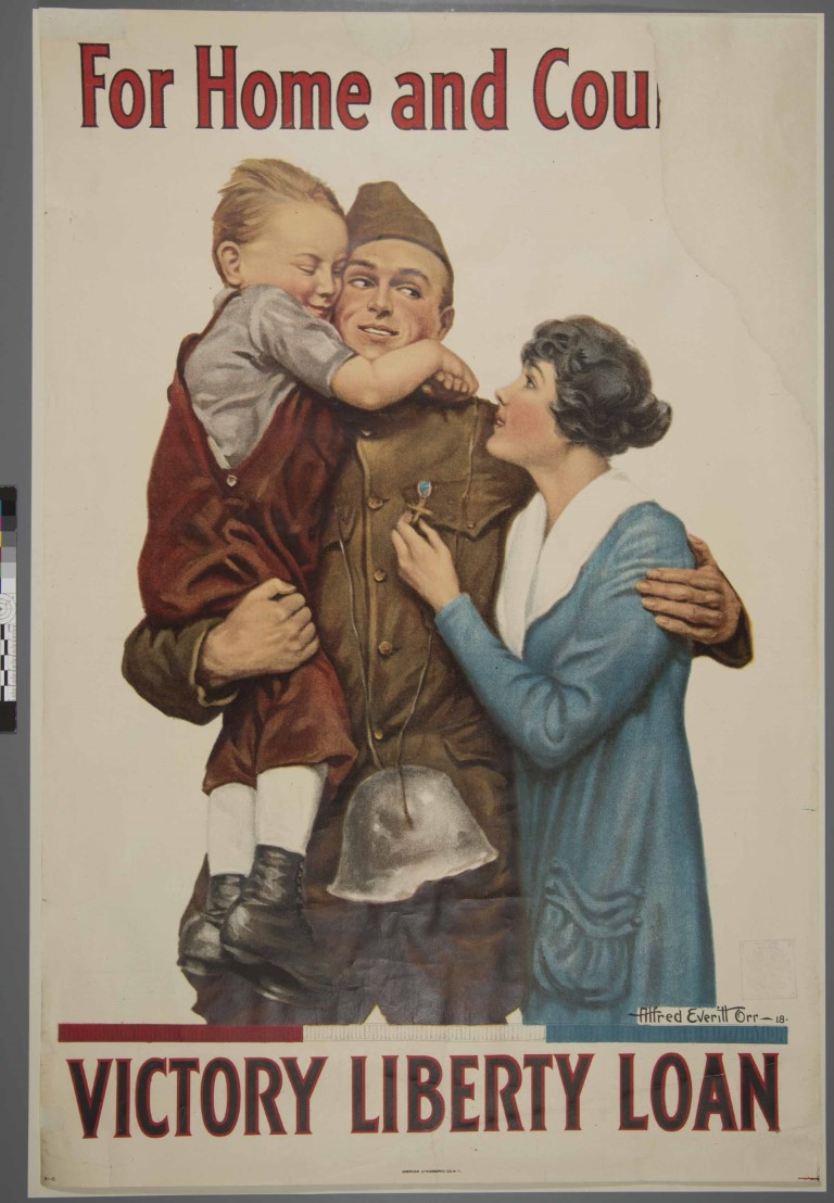 illustration of soldier with family, poster is mended and losses filled