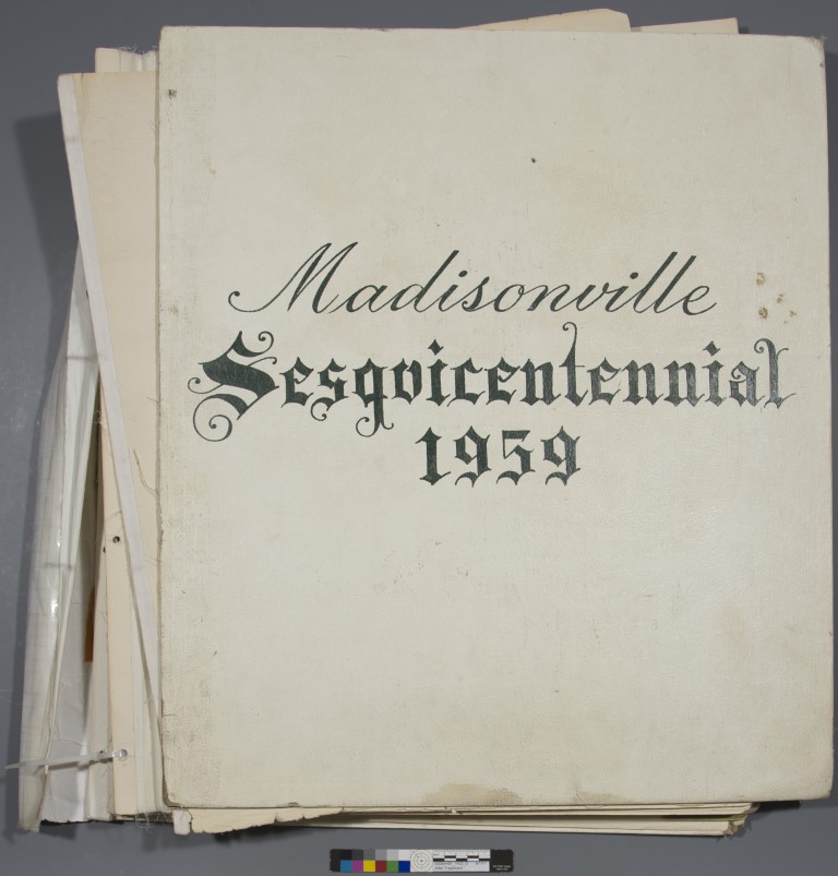 madisonville sesquicentennial scrapbook before treatment, cover and leaves detached